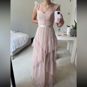 Bcbgmaxazria tired ruffle gown in bare pink